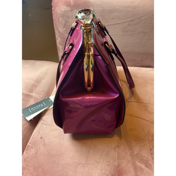 Le Miel Purple Glossy Patent Leather Faux Diamond 2-n-1 2x Handle Handbag RARE - Picture 4 of 16
